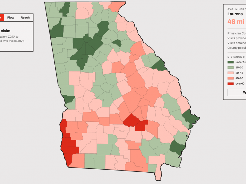 Distance traveled by patients to access medical services, by county in Georgia. 